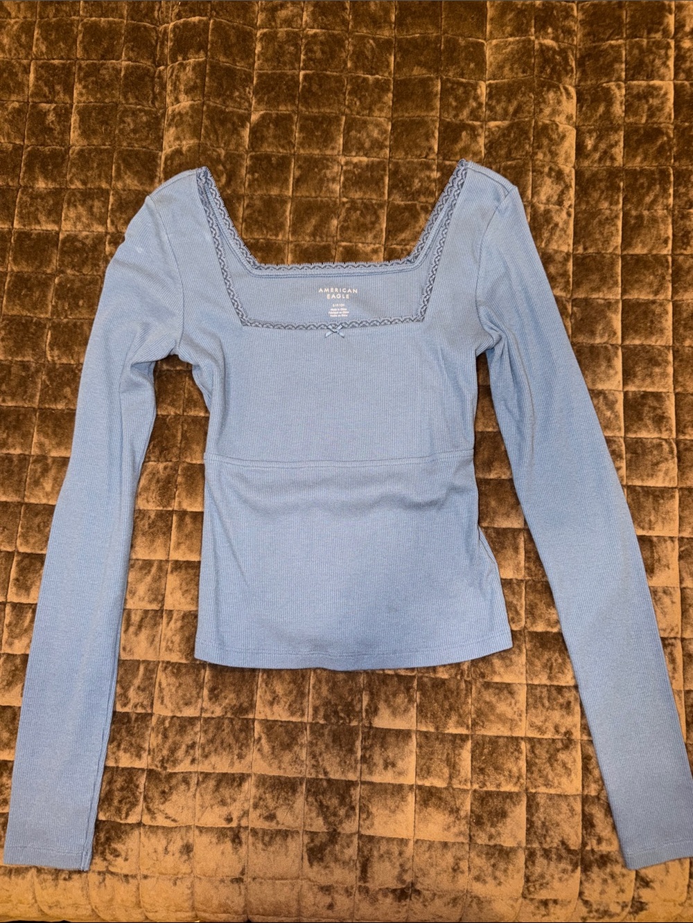 American Eagle Outfitters Light Blue Ribbed Long-Sleeve Square Neck Top